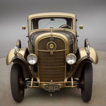 gold colored car parked on a cement surface with a gray background and a black and white sign on the front of the car