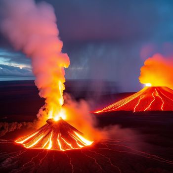 volcano erupts lava as it erupts into the air at night time with bright orange and red lights