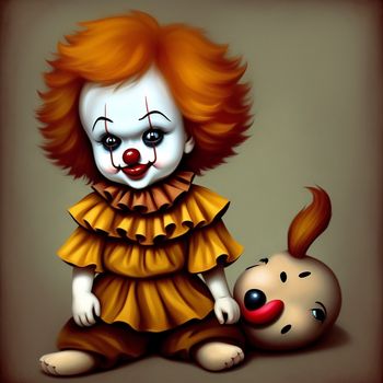 painting of a creepy clown with a creepy doll next to it's face and a creepy looking dog