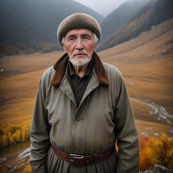 man in a hat and coat standing in front of a mountain range with a valley in the background