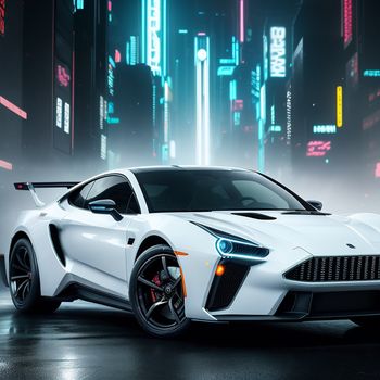 white sports car parked in a city at night with neon lights in the background and a city skyline