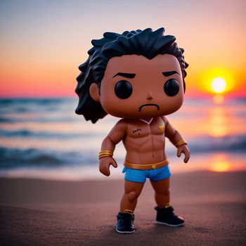 toy figure of a man standing on a beach at sunset with the sun in the background and a body of water behind him