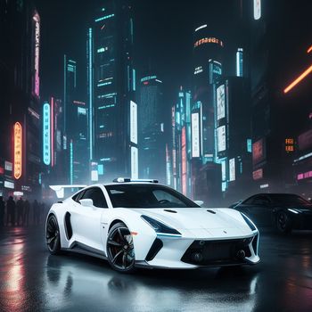 white sports car parked in a city at night with neon lights on the buildings and people walking around