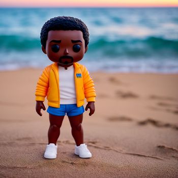 toy doll standing on a beach next to the ocean with a beard and mustache on it's head