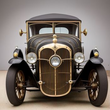 an old model car is parked on a floor in a room with a gray wall and a gray wall