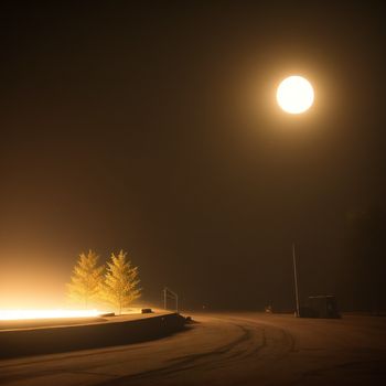 street light shines brightly in the dark sky above a tree and a street sign on a road