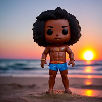 toy is standing on the beach at sunset with a body of water in the background and a sun setting