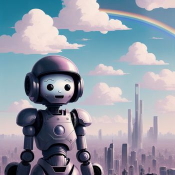 robot standing in front of a city with a rainbow in the background and clouds in the sky above