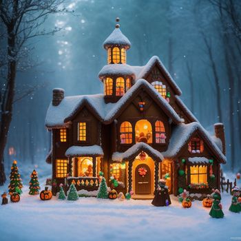 christmas scene of a house with a snow covered roof and trees and lights on the windows and the roof