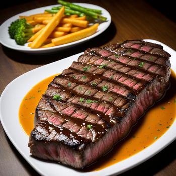 steak and some fries on a plate on a table with a brown table cloth and a plate of broccoli