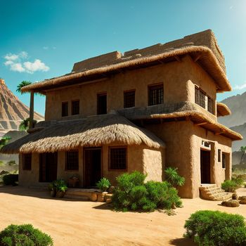 house with a thatched roof and a small garden in front of it with mountains in the background