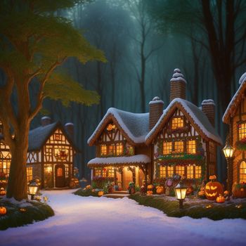 snow covered house with a lot of lights on it's windows and a lot of pumpkins