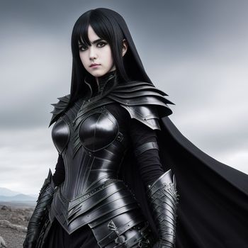 woman in a black outfit with a cape and sword on her shoulder and a black cape on her shoulder