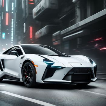 white sports car driving down a city street at night with neon lights on the buildings behind it and a neon sign above the car