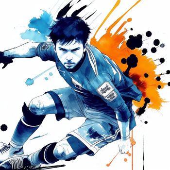 painting of a soccer player with a ball in his hand and a splash of paint on the ground