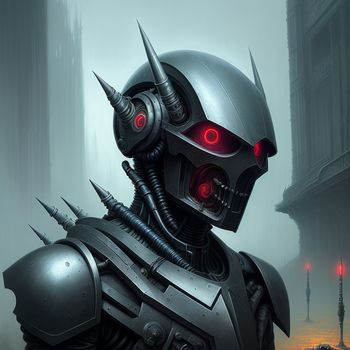 robot with spikes and a helmet on standing in a city street with a red light on his face