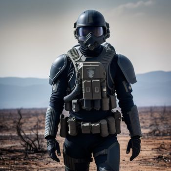 man in a black and grey suit and helmet walking in the desert with a gun in his hand