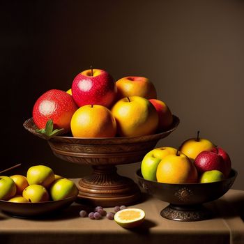 painting of a bowl of fruit on a table with a lemon and oranges on the table next to it