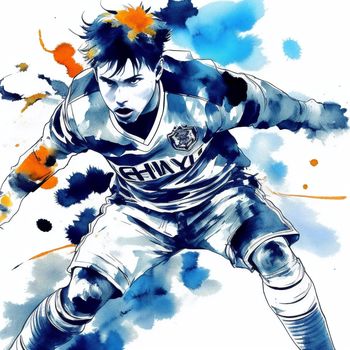 painting of a soccer player with a ball in his hand and a blue and orange background with a splash of ink