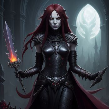 woman in a black outfit holding a sword and a knife in her hands with a full moon behind her