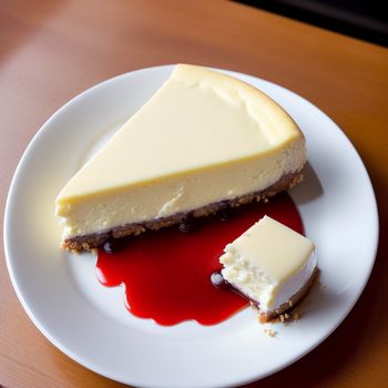 piece of cheesecake on a plate with a red sauce on it and a piece of cheesecake on a plate