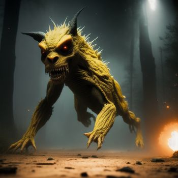 creature with horns and big eyes is in the air with a fireball in the foreground and a dark background