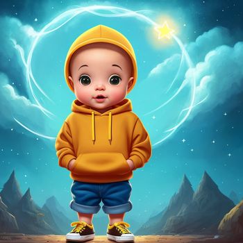 cartoon boy in a yellow hoodie standing in front of a blue sky with a star in the sky