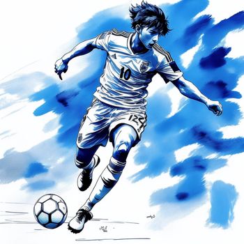 drawing of a soccer player kicking a soccer ball in the air with a blue background and clouds behind him