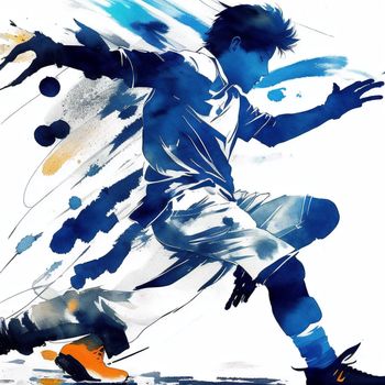 painting of a soccer player kicking a ball with his foot and a blue and white background with a splash of paint