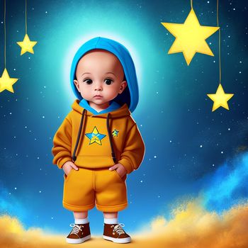 painting of a baby wearing a yellow outfit and blue hair standing in front of stars on a blue background