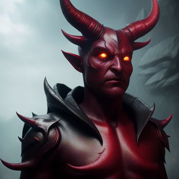 man with red eyes and horns wearing a red demon costume with horns and glowing eyes and a red demon mask