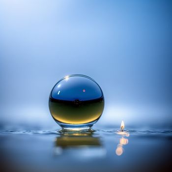 glass ball with a liquid inside of it on a surface with water and a small white object in the middle