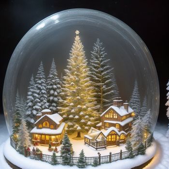 snow globe with a christmas scene inside of it and a lit up tree in the middle of the snow