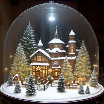 snow globe with a house and trees in it and a light on the roof of the house is shining