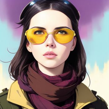 woman with yellow glasses and a scarf on her neck and a purple background with a blue sky in the background