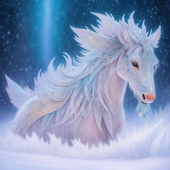 white horse with a long mane and a blue background with snow flakes and stars in the sky