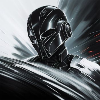 star wars character in a black helmet with red lights coming from behind him and a black background with white lines