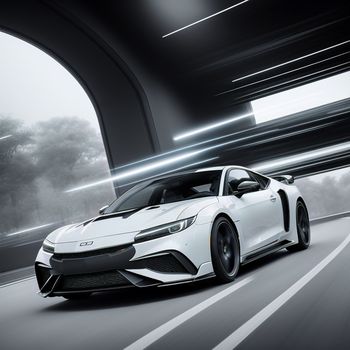 white sports car driving down a tunnel in the city with a black background and a white background and a black and white photo