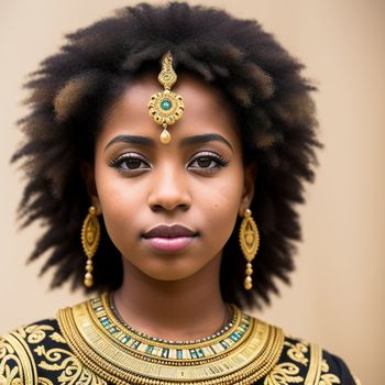 woman with a gold necklace and earrings on her head and a necklace on her neck with a turquoise stone