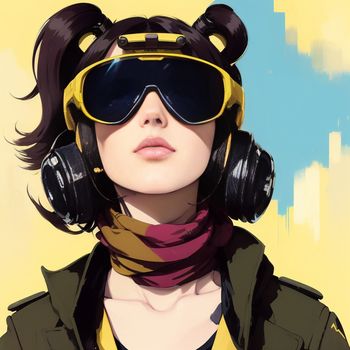 woman wearing headphones and a pair of headphones on her face with a yellow background and a blue sky