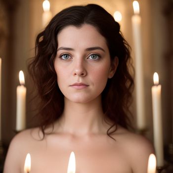 woman with a candle in her hand and a candle in the background with candles in the background and a woman with a ring on her neck