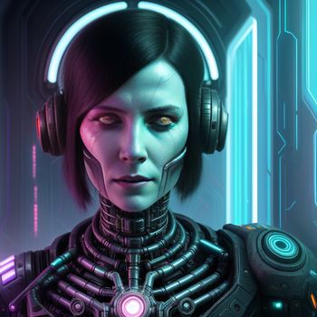 woman with headphones and a futuristic suit in a futuristic setting with neon lights and a neon light