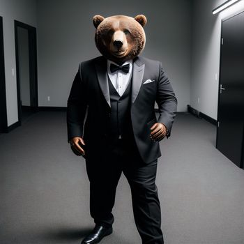 man in a suit and tie with a bear mask on his head and a suit on his chest