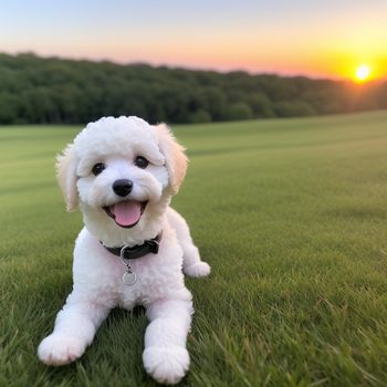 white dog sitting in the grass with a sunset in the background and trees in the background
