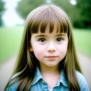 little girl with long hair and a blue shirt is looking at the camera with a smile on her face