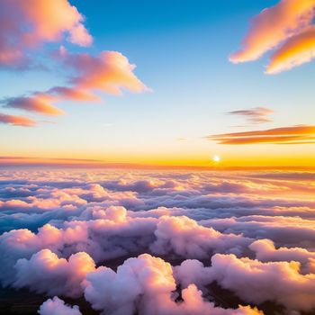 sunset over a large cloud filled sky with a bright orange sun in the distance above the clouds and a few clouds