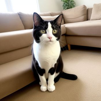 black and white cat sitting on the floor in front of a couch and a window with a plant