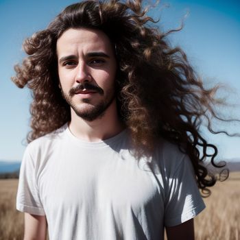 man with long hair standing in a field of wheat with a mustache on his face and a beard