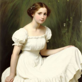 painting of a woman in a white dress sitting on a bench in front of a green background with flowers