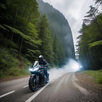 person riding a motorcycle on a road near a forest with fog coming from the trees and a mountain behind